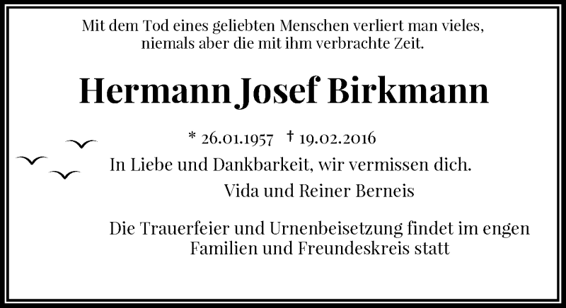  Traueranzeige für Hermann Josef Birkmann vom 03.03.2016 aus Rheinische Post