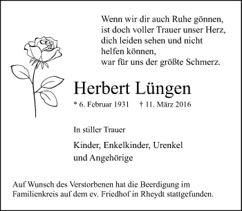 Traueranzeige von Herbert Lüngen von Rheinische Post