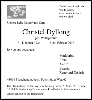 Traueranzeige von Christel Dyllong von Rheinische Post
