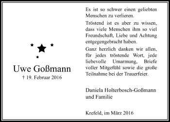 Traueranzeige von Uwe Goßmann von Rheinische Post