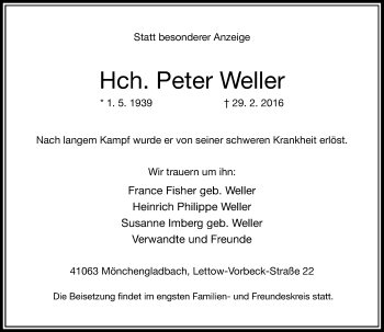 Traueranzeige von Peter Weller von Rheinische Post