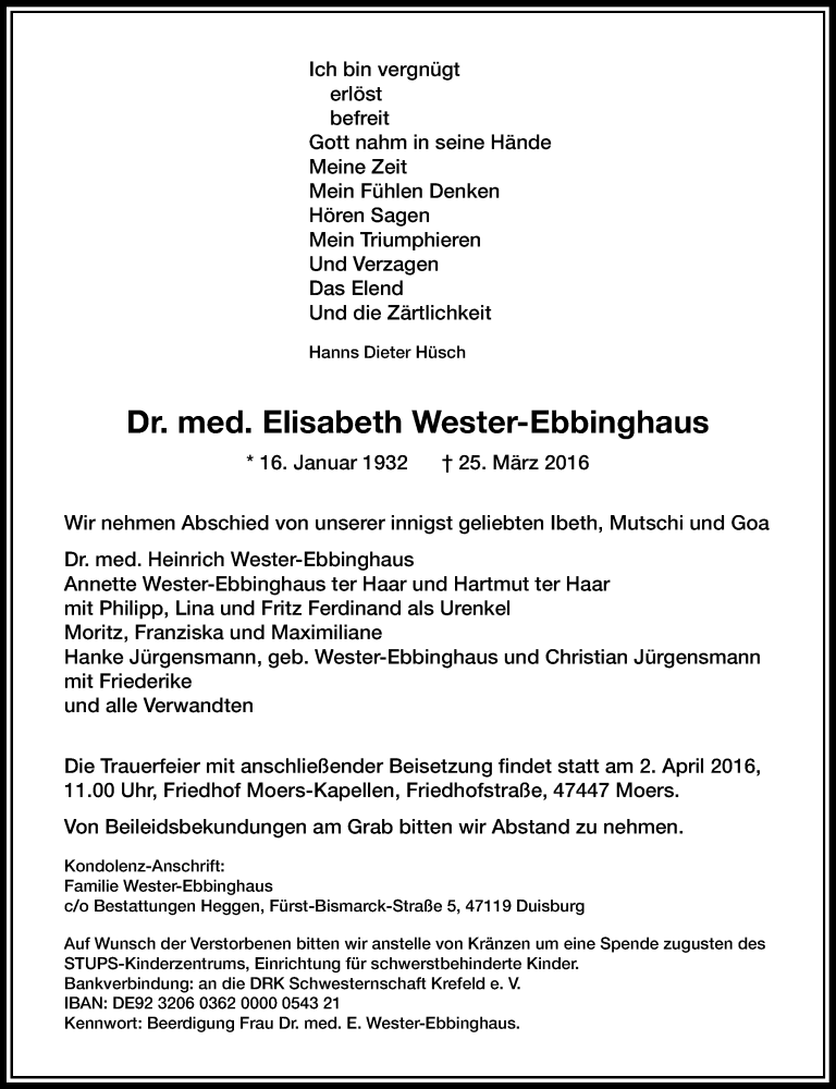  Traueranzeige für Elisabeth Wester-Ebbinghaus vom 30.03.2016 aus Rheinische Post