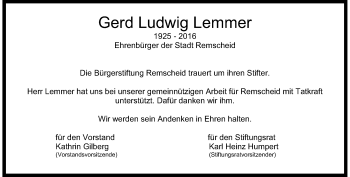 Traueranzeige von Gerd Ludwig Lemmer von Rheinische Post