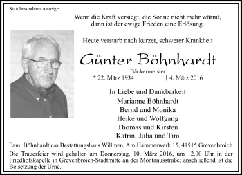 Traueranzeige von Günther Böhnhardt von Rheinische Post