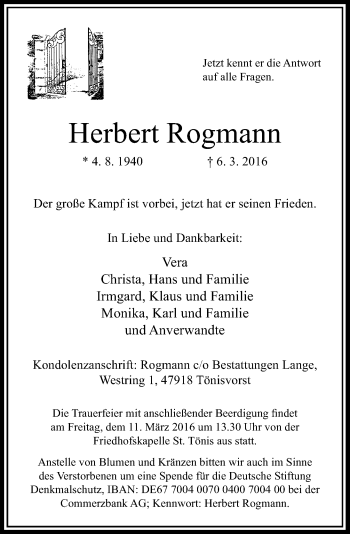 Traueranzeige von Herbert Rogmann von Rheinische Post