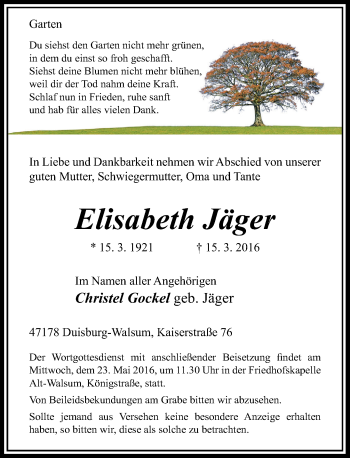Traueranzeige von Elisabeth Jäger von Rheinische Post