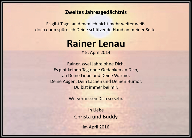  Traueranzeige für Rainer Lenau vom 05.04.2016 aus Rheinische Post