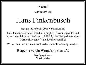 Traueranzeige von Hans Finkenbusch von Rheinische Post