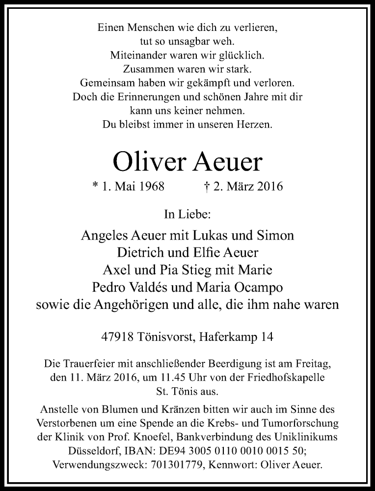  Traueranzeige für Oliver Aeuer vom 05.03.2016 aus Rheinische Post