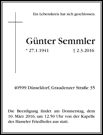 Traueranzeige von Günter Semmler von Rheinische Post