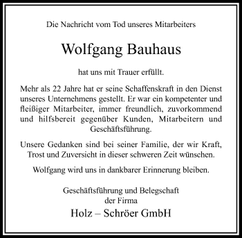 Traueranzeige von Wolfgang Bauhaus von Rheinische Post