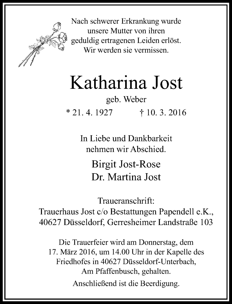 Alle Traueranzeigen für Katharina Jost | trauer.rp-online.de