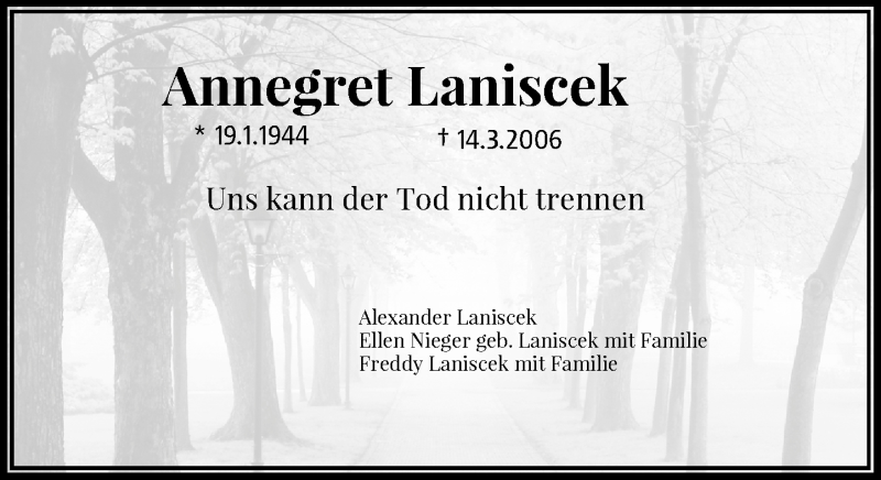  Traueranzeige für Annegret Laniscek vom 19.03.2016 aus Rheinische Post
