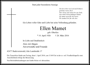 Traueranzeige von Ellen Mamet von Rheinische Post