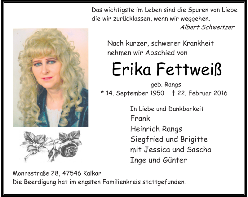  Traueranzeige für Erika Fettweiß vom 12.03.2016 aus Rheinische Post