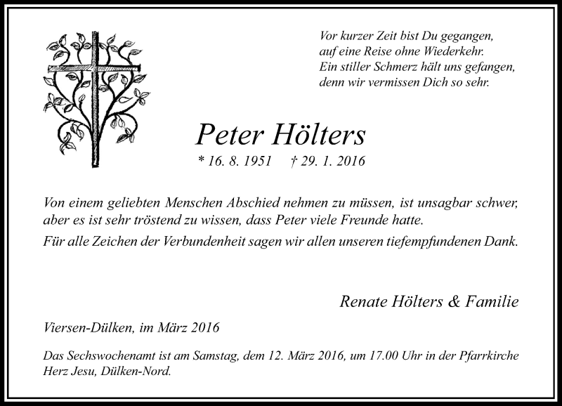  Traueranzeige für Peter Hölters vom 05.03.2016 aus Rheinische Post