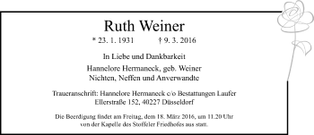 Traueranzeige von Ruth Weiner von Rheinische Post