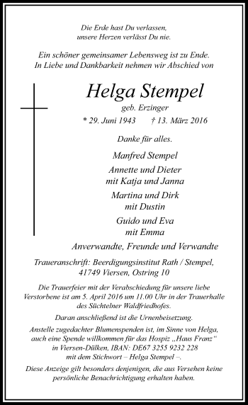Traueranzeige von Helga Stempel von Rheinische Post