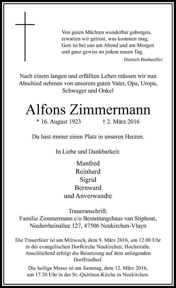  Traueranzeige für Alfons Zimmermann vom 05.03.2016 aus Rheinische Post