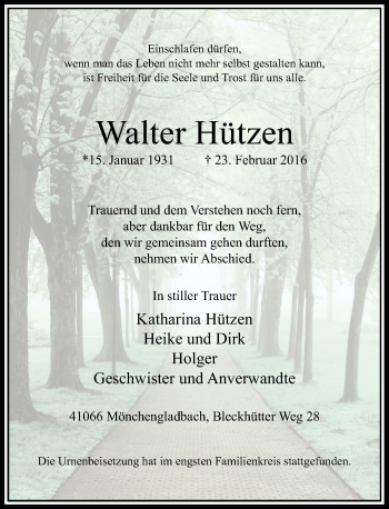 Traueranzeige von Walter Hützen von Rheinische Post