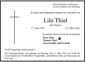 Traueranzeige von Lilo Thiel von Rheinische Post