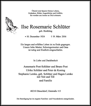 Traueranzeige von Ilse Rosemarie Schlüter von Rheinische Post