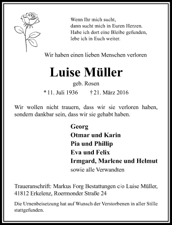 Traueranzeige von Luise Müller von Rheinische Post