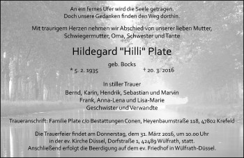 Traueranzeige von Hildegard Plate von Rheinische Post