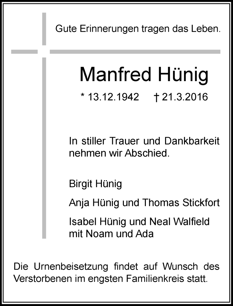  Traueranzeige für Manfred Hünig vom 26.03.2016 aus Rheinische Post