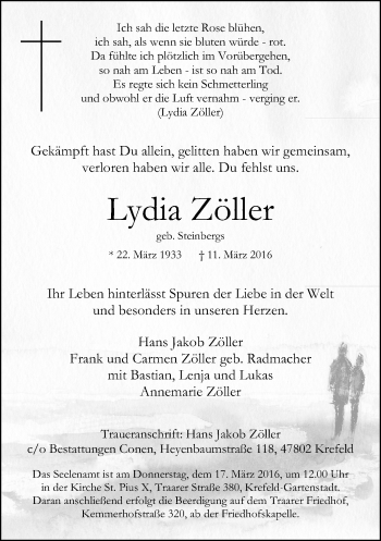 Traueranzeige von Lydia Zöller von Rheinische Post