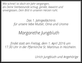 Traueranzeige von Magarethe Jungbluth von Rheinische Post