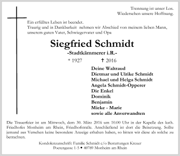 Traueranzeige von Siegfried Schmidt von Rheinische Post