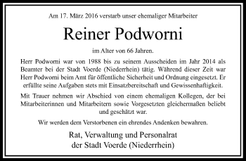 Traueranzeige von Reiner Podworni von Rheinische Post