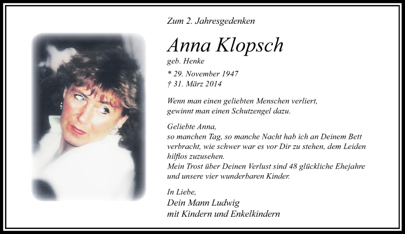  Traueranzeige für Anna Klopsch vom 31.03.2016 aus Rheinische Post