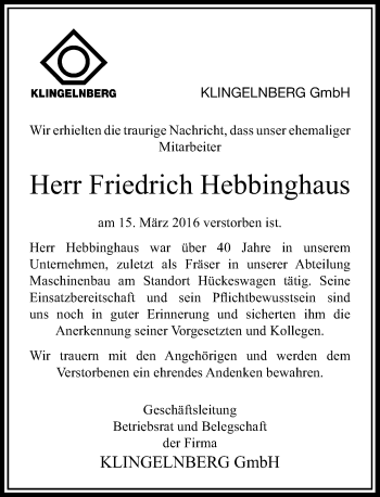 Traueranzeige von Friedrich Hebbinghaus von Rheinische Post