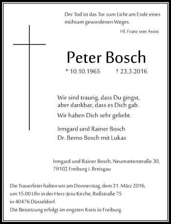 Traueranzeige von Peter Bosch von Rheinische Post