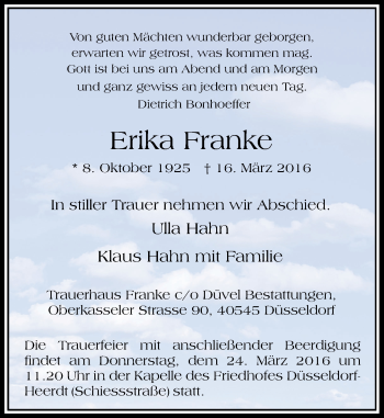 Traueranzeige von Erika Franke von Rheinische Post
