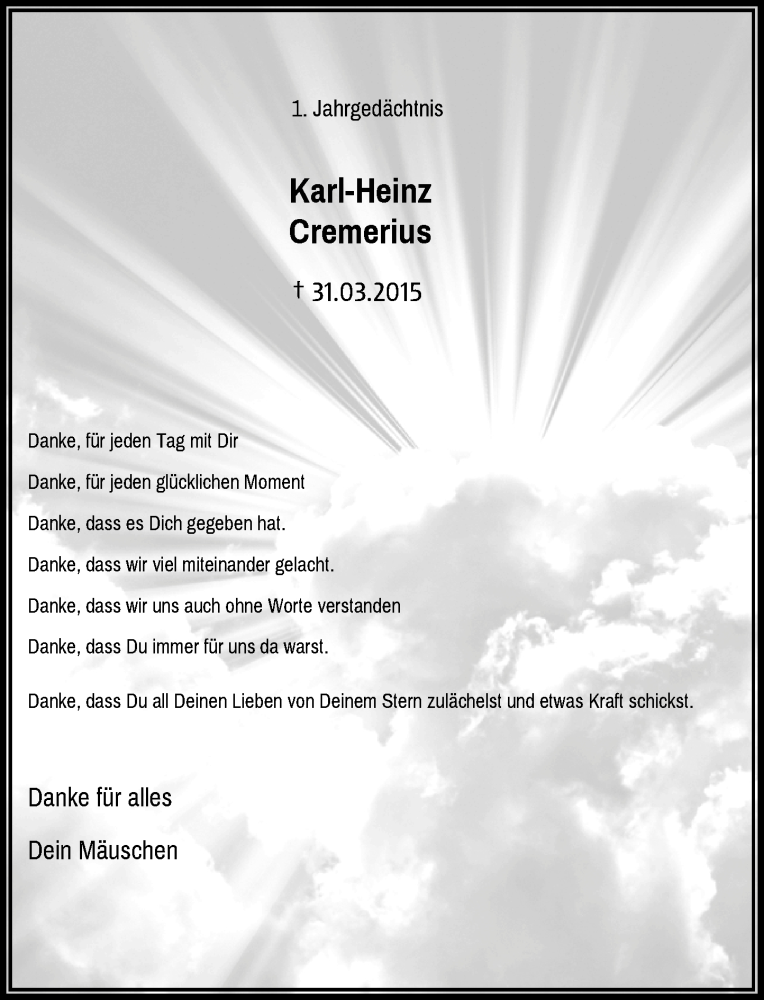  Traueranzeige für Karl-Heinz Cremerius vom 31.03.2016 aus Rheinische Post