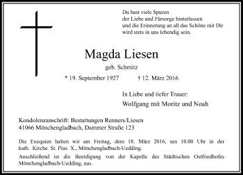Traueranzeige von Magda Liesen von Rheinische Post
