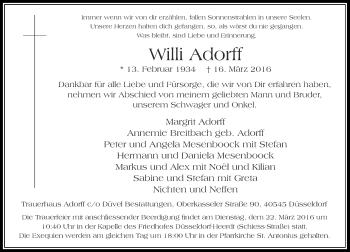 Traueranzeige von Willi Adorff von Rheinische Post