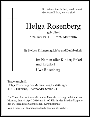 Traueranzeige von Helga Rosenberg von Rheinische Post