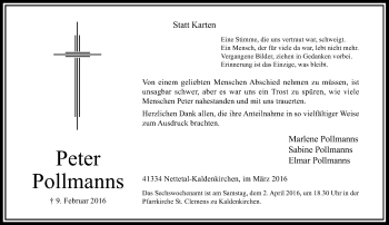 Traueranzeige von Peter Pollmanns von Rheinische Post