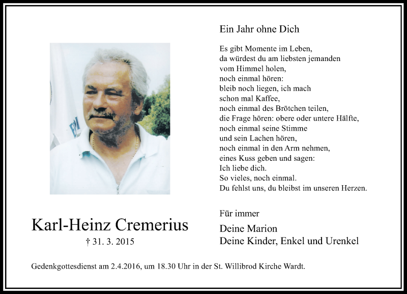  Traueranzeige für Karl-Heinz Cremerius vom 31.03.2016 aus Rheinische Post
