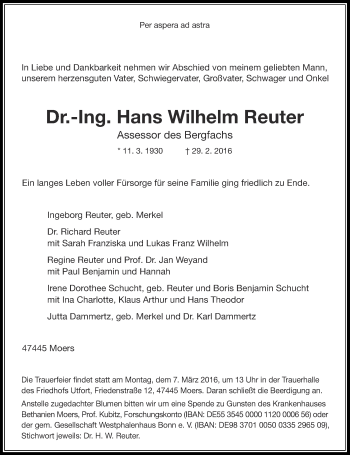Traueranzeige von Hans Wilhelm Reuter von Rheinische Post