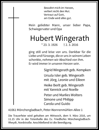 Traueranzeige von Hubert Wingerath von Rheinische Post