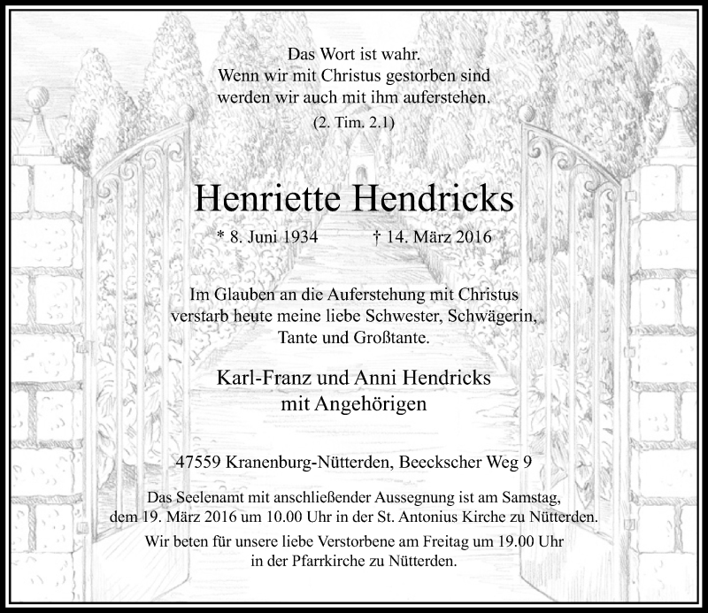  Traueranzeige für Henriette Hendricks vom 16.03.2016 aus Rheinische Post