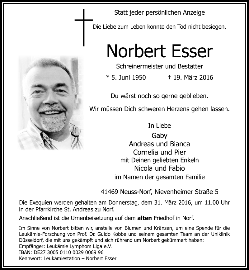  Traueranzeige für Norbert Esser vom 23.03.2016 aus Rheinische Post