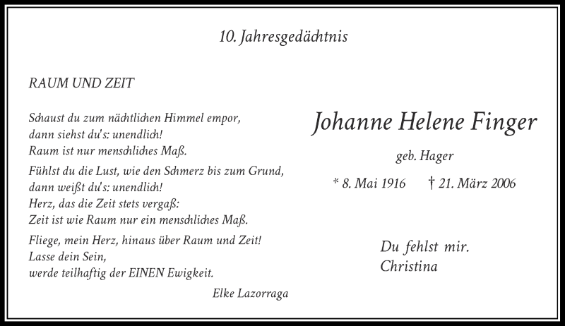  Traueranzeige für Johanne Helene Finger vom 21.03.2016 aus Rheinische Post
