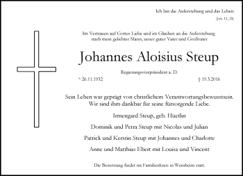 Traueranzeige von Johannes Aloisius Steup von Rheinische Post