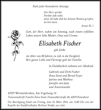Traueranzeige von Elisabeth Fischer von Rheinische Post